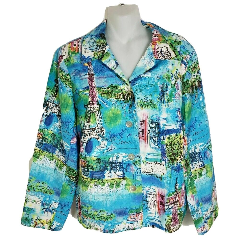 Coldwater Creek Petite Small Womens Jacket Linen Blend Blazer Paris Print Blue